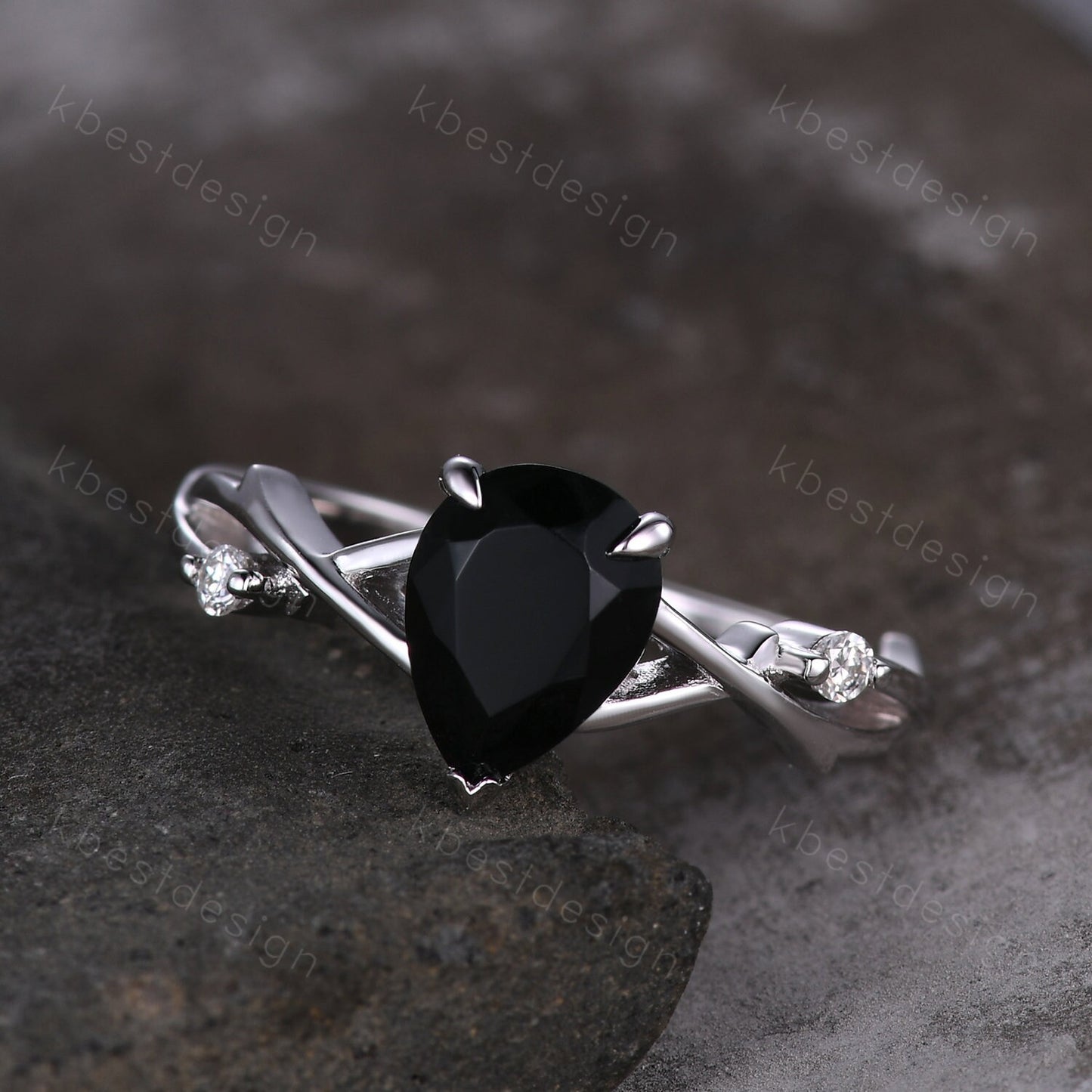 Twig Pear shaped black onyx ring silver vintage nature inspired unique black gemstone engagement ring antique bridal wedding ring for women