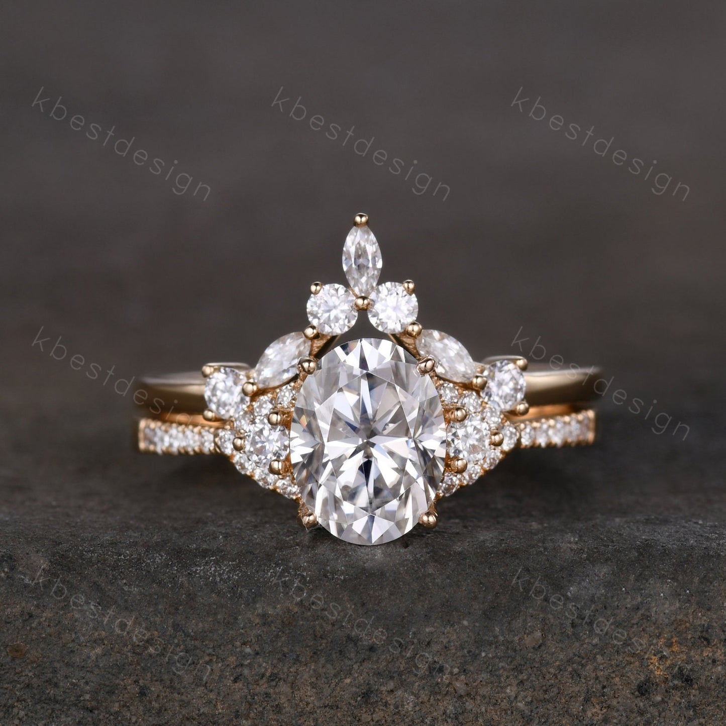 Vintage Moissanite engagement ring Yellow gold ring art deco curved stacking band Oval cut bridal set unique moissanite wedding ring set