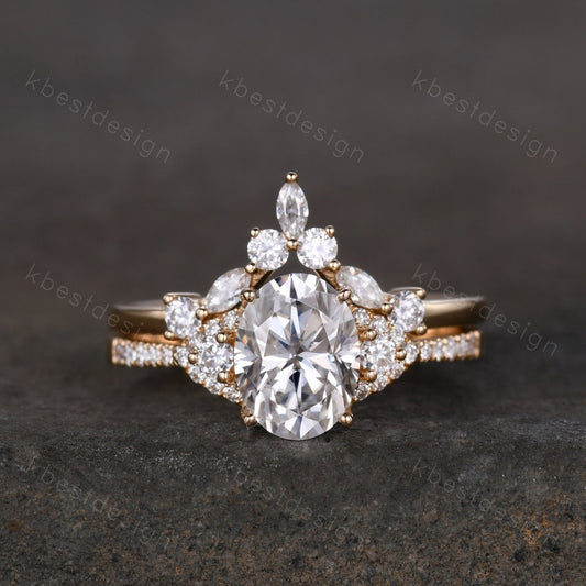 Vintage Moissanite engagement ring Yellow gold ring art deco curved stacking band Oval cut bridal set unique moissanite wedding ring set