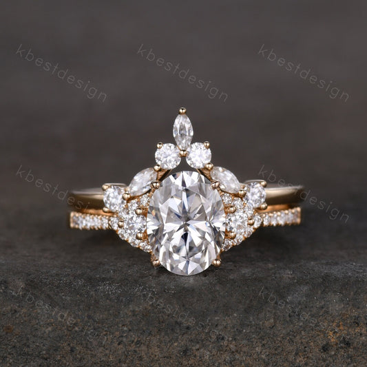 Vintage Moissanite engagement ring Yellow gold ring art deco curved stacking band Oval cut bridal set unique moissanite wedding ring set