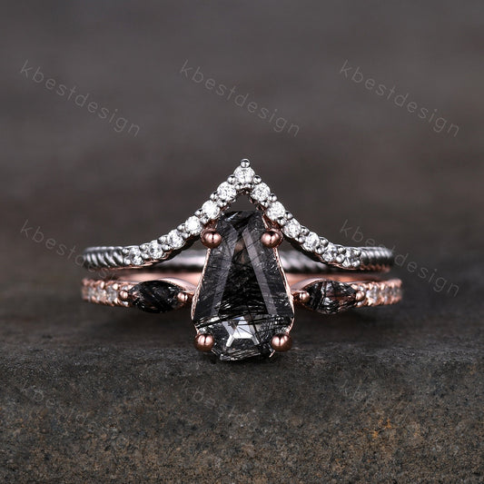 Coffin shaped black rutilated quartz engagement ring set unique curved Moissanite stacking band Rose gold vintage bridal wedding ring set