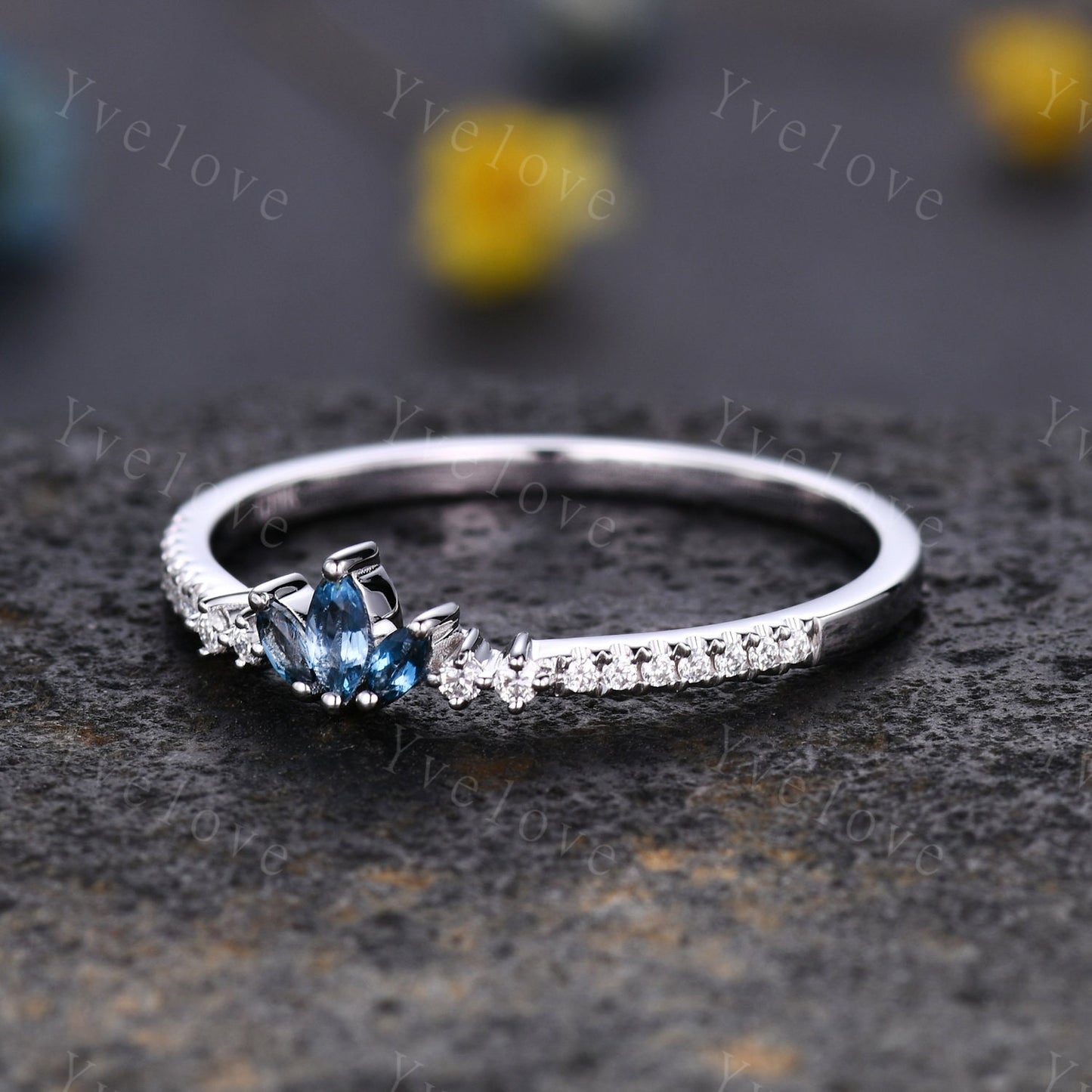 Antique Marquise London blue topaz wedding band topaz ring women moissanite promise ring bridal stacking matching band gift for her platinum