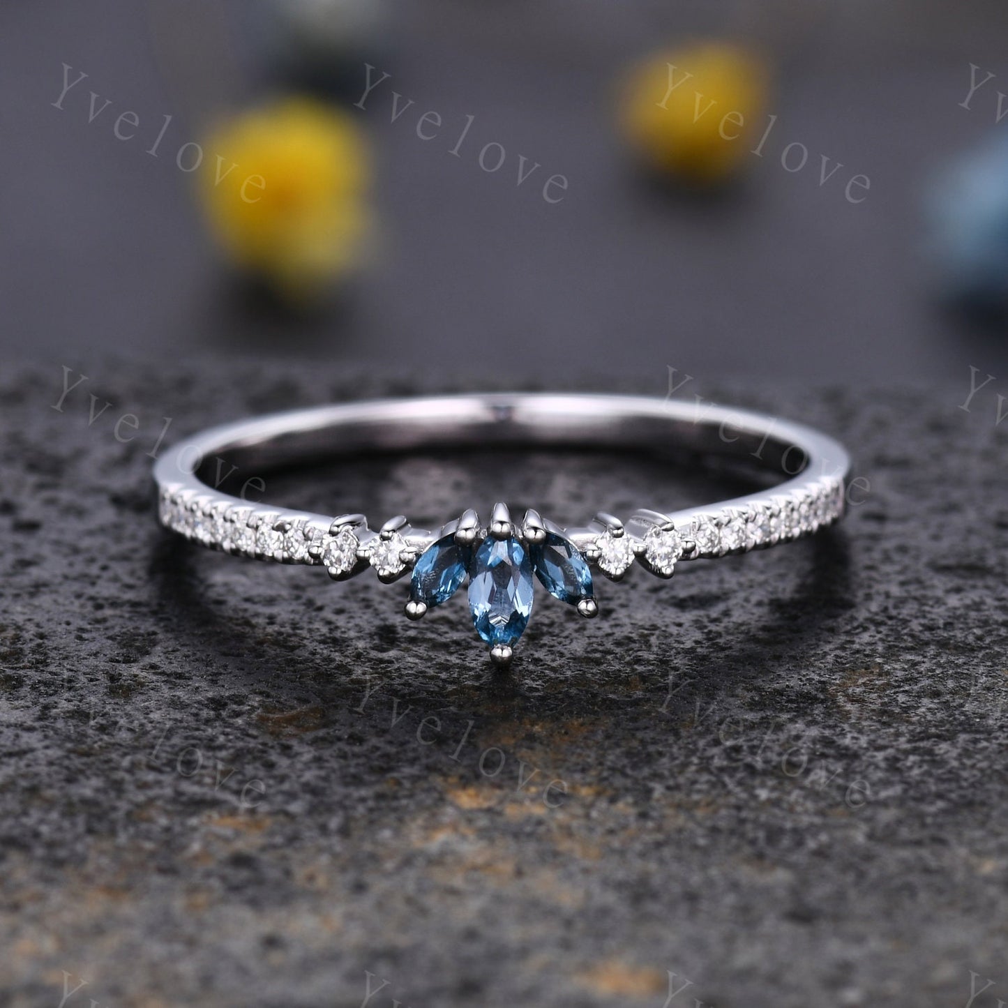 Antique Marquise London blue topaz wedding band topaz ring women moissanite promise ring bridal stacking matching band gift for her platinum
