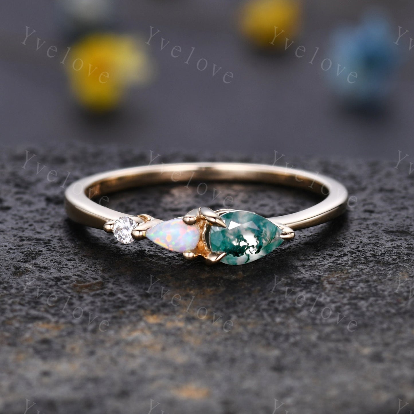 Custom Unique Moss Agate Opal Engagement Ring,Pear Cut Gems,Art Deco Moissanite Wedding Band,3 Stone Unique Women Bridal Promise Ring