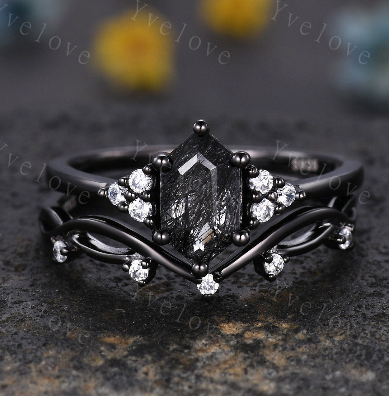 Retro hexagon Black Rutilate Quartz Ring,Vintage Black Silver Ring,Unique Black Quartz Engagement Ring,Promise Bridal Ring Gift For Her