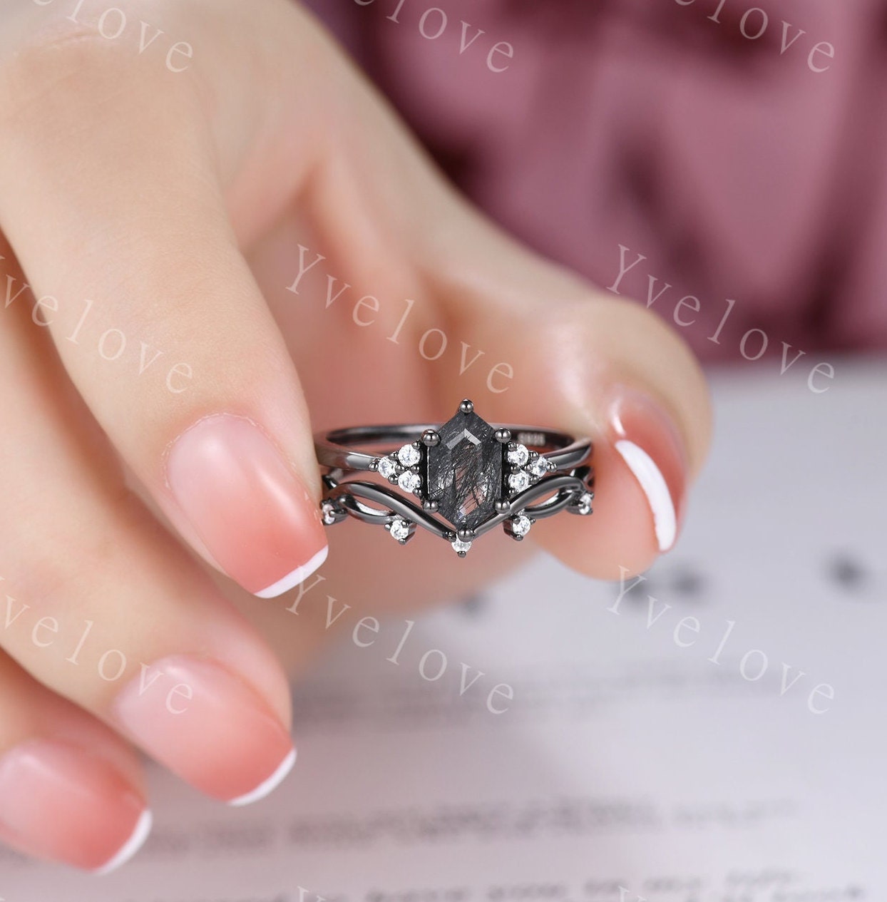 Retro hexagon Black Rutilate Quartz Ring,Vintage Black Silver Ring Set,Unique Engagement Ring,Promise Ring,Anniversary Ring Gift For Her