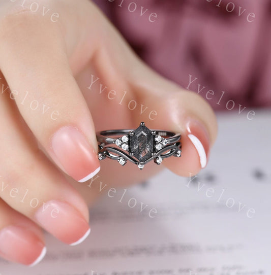 Retro hexagon Black Rutilate Quartz Ring,Vintage Black Silver Ring Set,Unique Engagement Ring,Promise Ring,Anniversary Ring Gift For Her