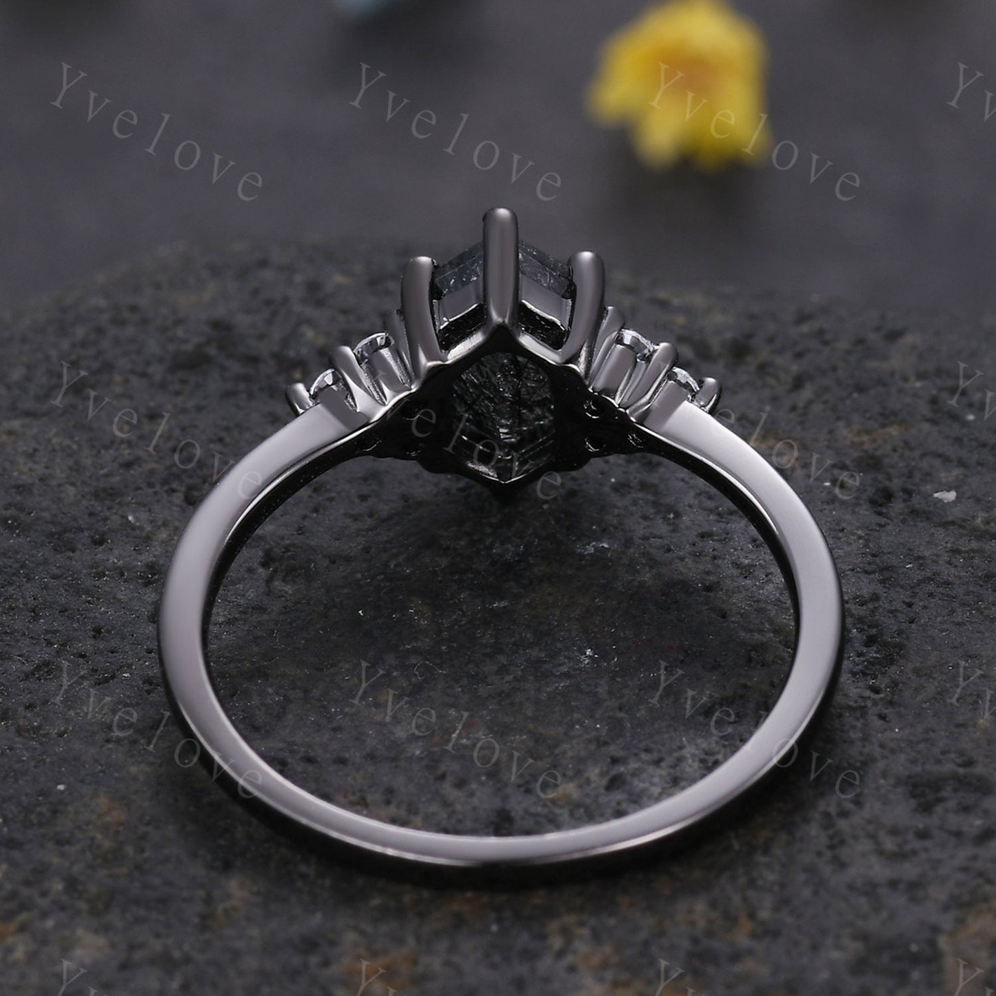 Retro hexagon Black Rutilate Quartz Ring,Vintage Black Silver Ring,Unique Black Quartz Engagement Ring,Promise Bridal Ring Gift For Her