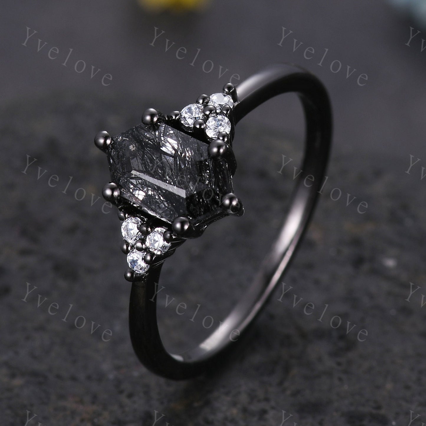 Retro hexagon Black Rutilate Quartz Ring,Vintage Black Silver Ring,Unique Black Quartz Engagement Ring,Promise Bridal Ring Gift For Her