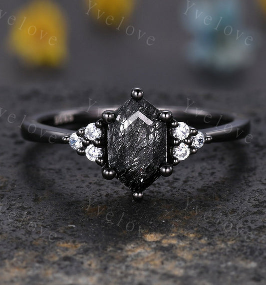 Retro hexagon Black Rutilate Quartz Ring,Vintage Black Silver Ring,Unique Black Quartz Engagement Ring,Promise Bridal Ring Gift For Her
