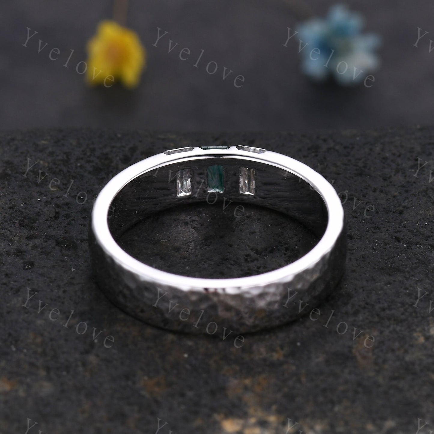 Retro Mens Baguette Moss agate Moissanite Wedding Band 5mm Hammered Band Silver Ring Mens Stackable Matching Band Anniversary Gift For Him