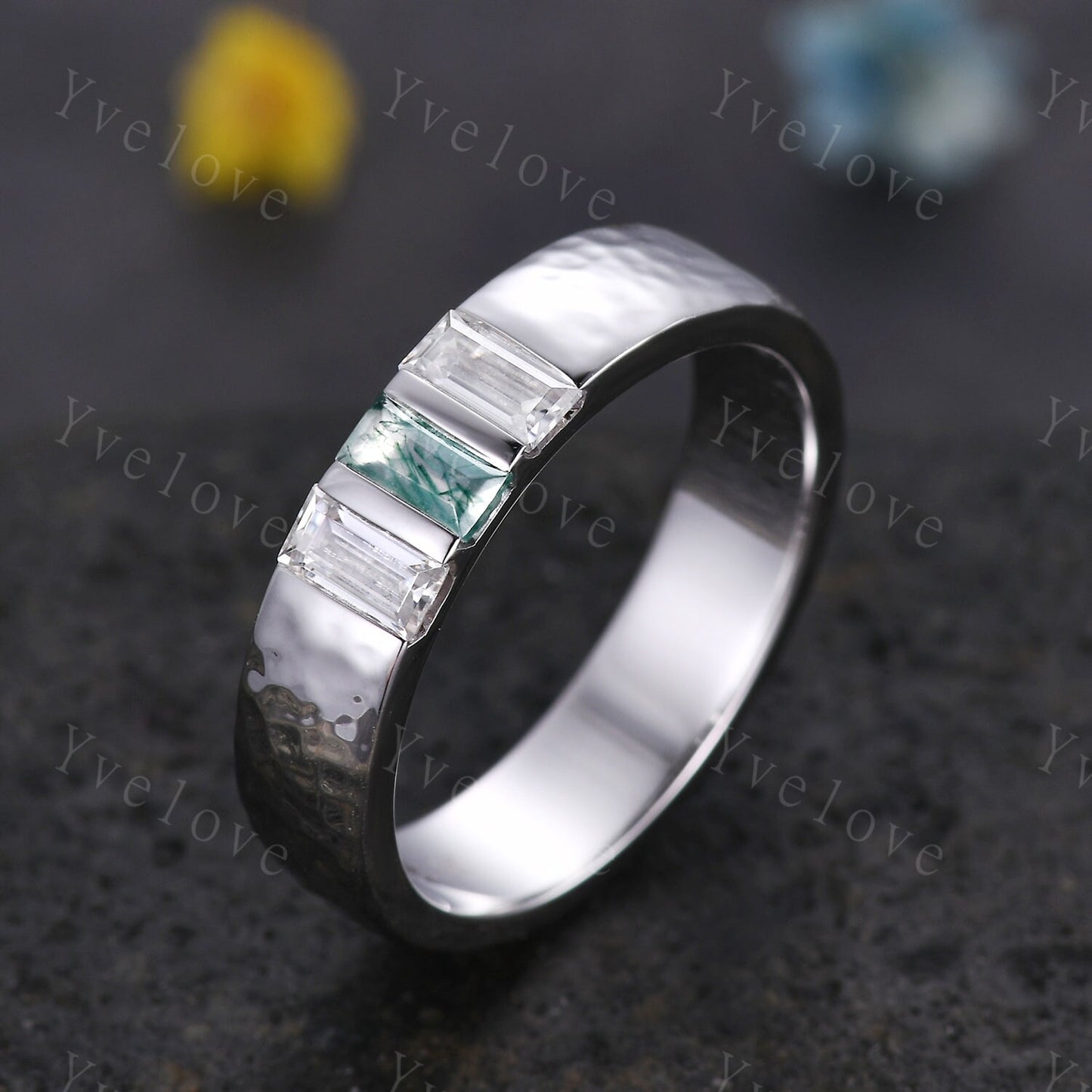 Retro Mens Baguette Moss agate Moissanite Wedding Band 5mm Hammered Band Silver Ring Mens Stackable Matching Band Anniversary Gift For Him