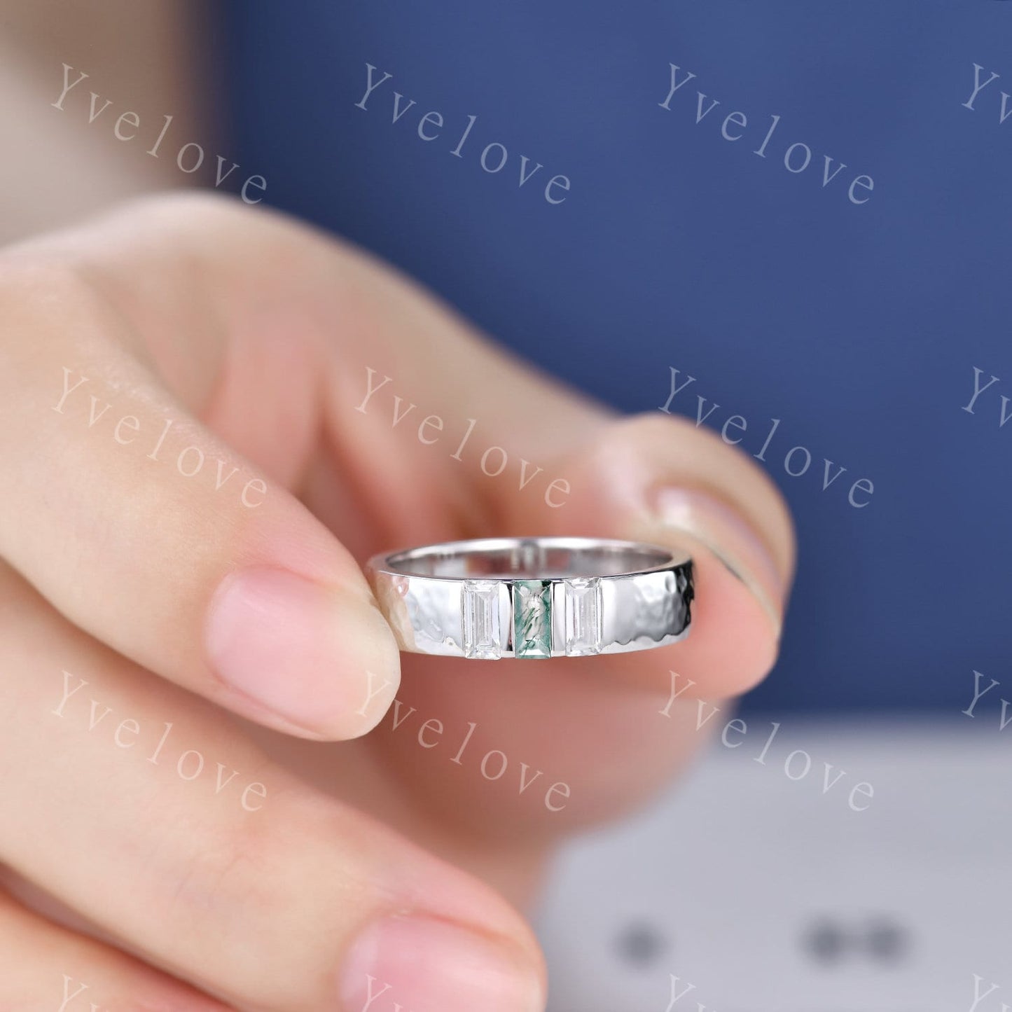 Retro Mens Baguette Moss agate Moissanite Wedding Band 5mm Hammered Band Silver Ring Mens Stackable Matching Band Anniversary Gift For Him