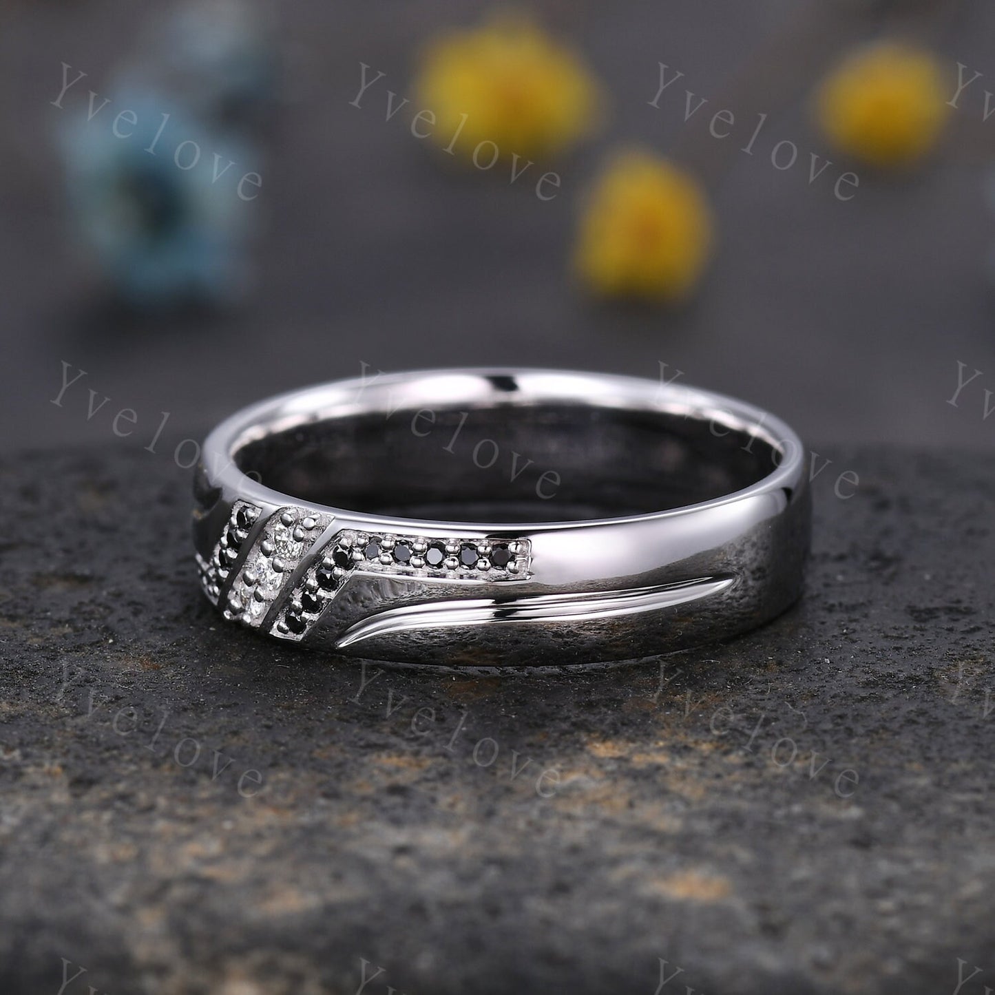 Mens Real Diamond Ring Solid 14k White Gold,5mm Moissanite Wedding Band,Comfort Fit Black Diamond Wedding Band,Diamond Ring Band by Yvelove
