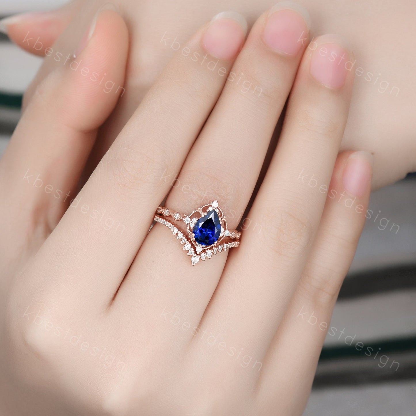 Vintage blue sapphire engagement ring set rose gold ring art deco curved stacking band pear shaped bridal set unique moissanite wedding set