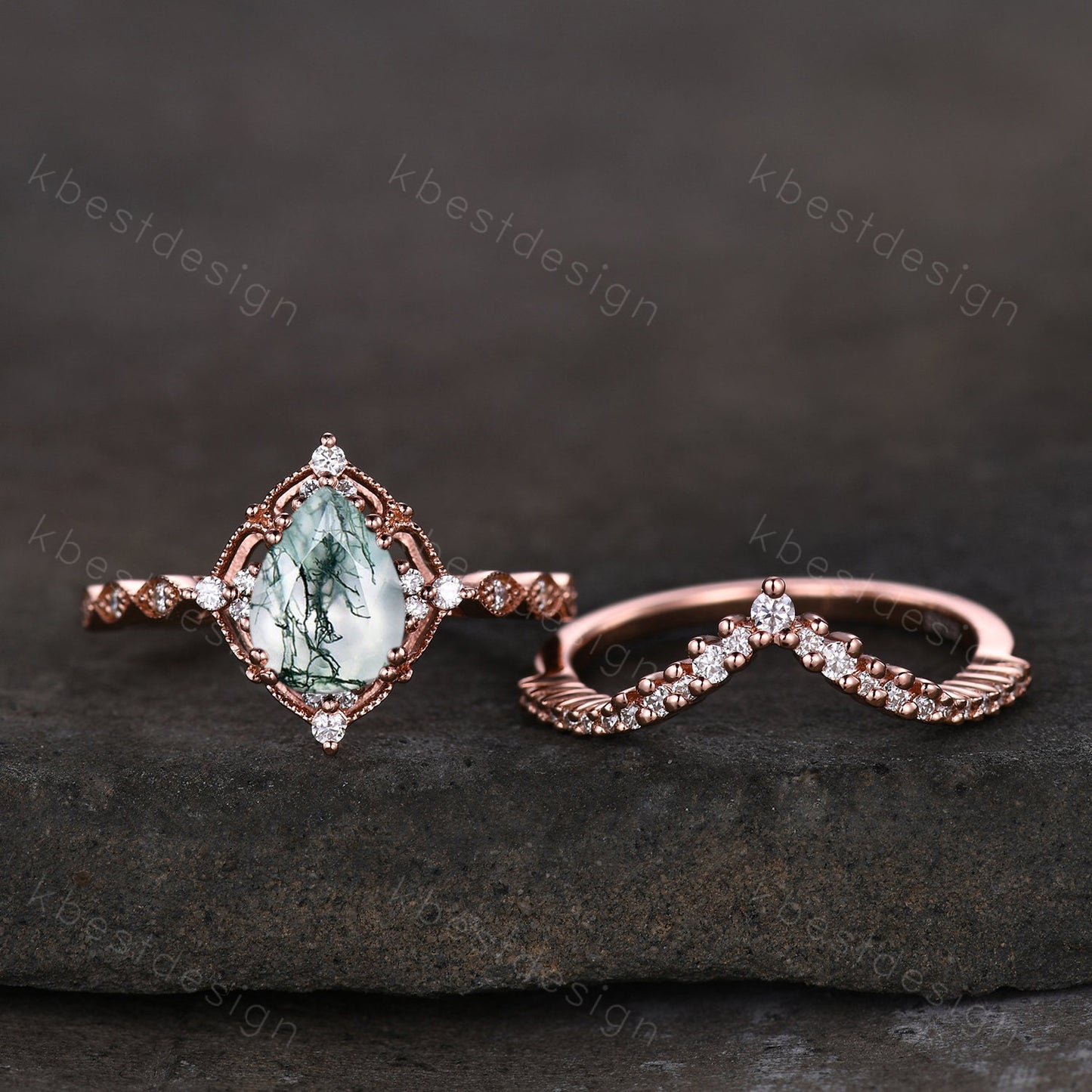 Vintage moss agate engagement ring set rose gold green moss agate ring unique curved Moissanite stacking band pear shaped bridal wedding set