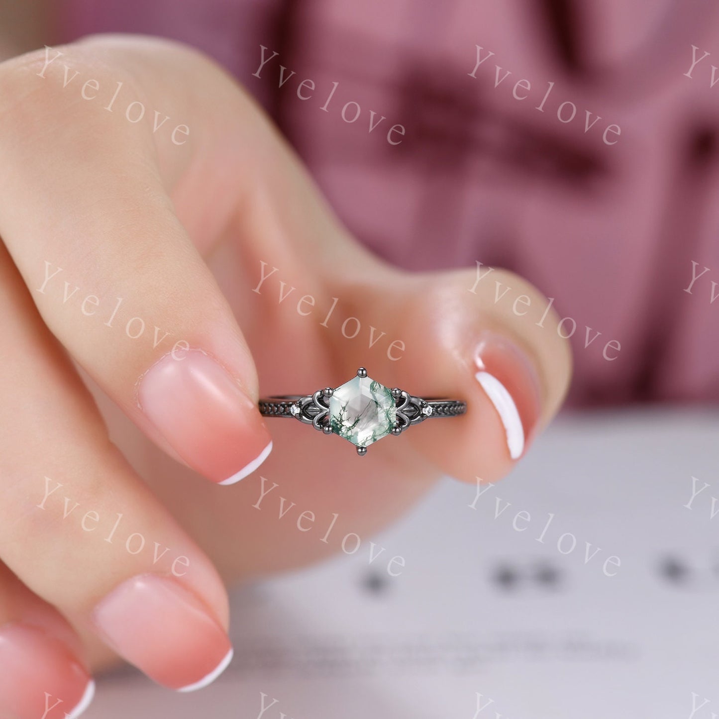 Vintage Black Gold Hexagon Cut Moss Agate Engagement Ring Set Unique Bridal Set,Diamond Ring Dark Promise Wedding Set,Celtic Enhancer Band
