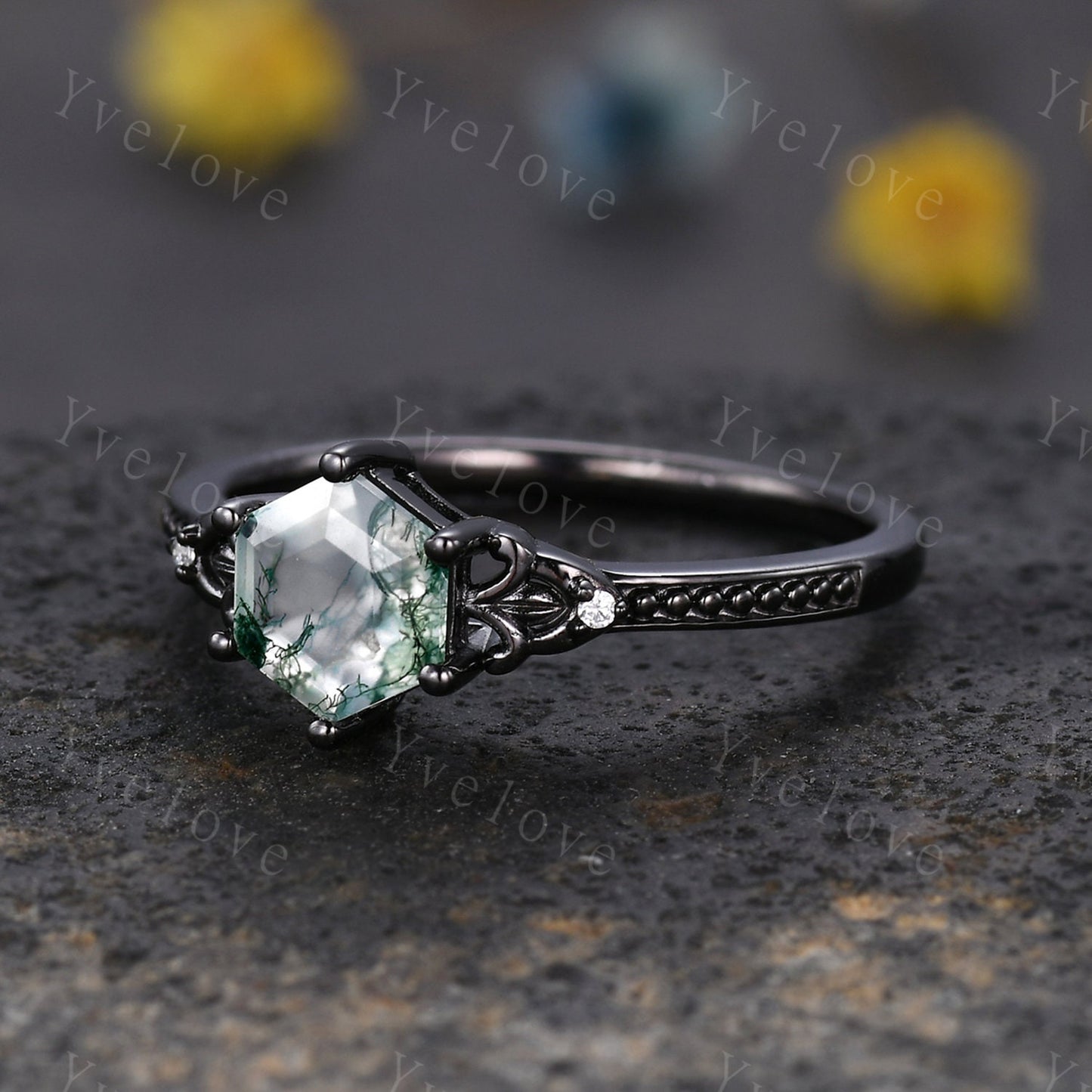 Vintage Black Gold Hexagon Cut Moss Agate Engagement Ring Set Unique Bridal Set,Diamond Ring Dark Promise Wedding Set,Celtic Enhancer Band