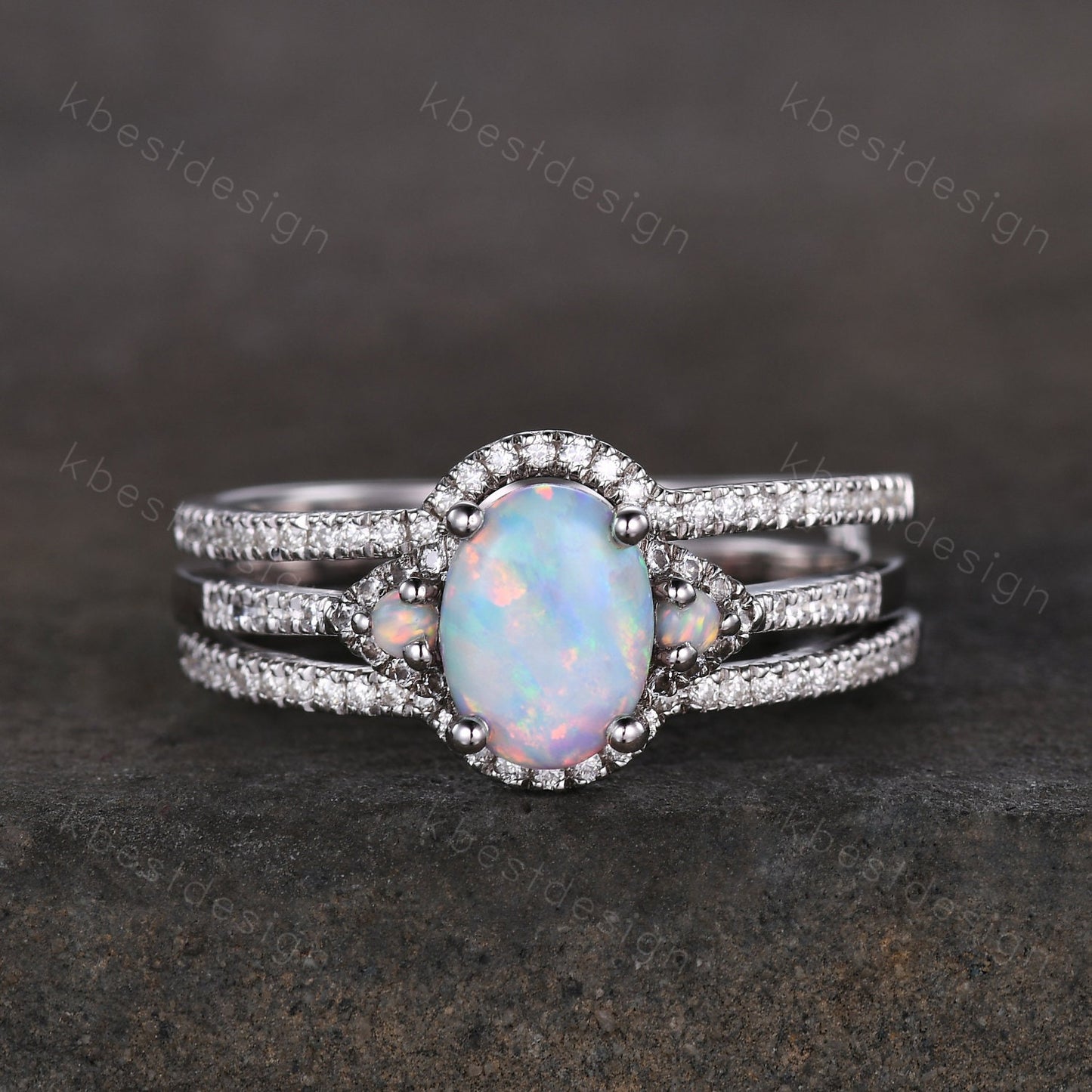 Vintage Opal engagement ring sterling silver wedding ring set double curved women stacking ring unique moissnaite bridal wedding ring set