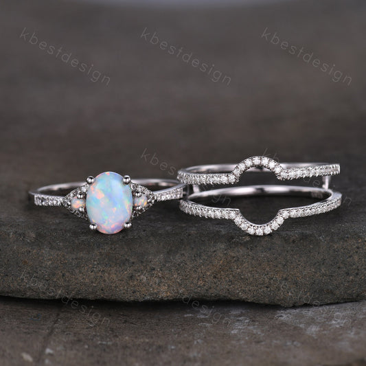 Vintage Opal engagement ring sterling silver wedding ring set double curved women stacking ring unique moissnaite bridal wedding ring set