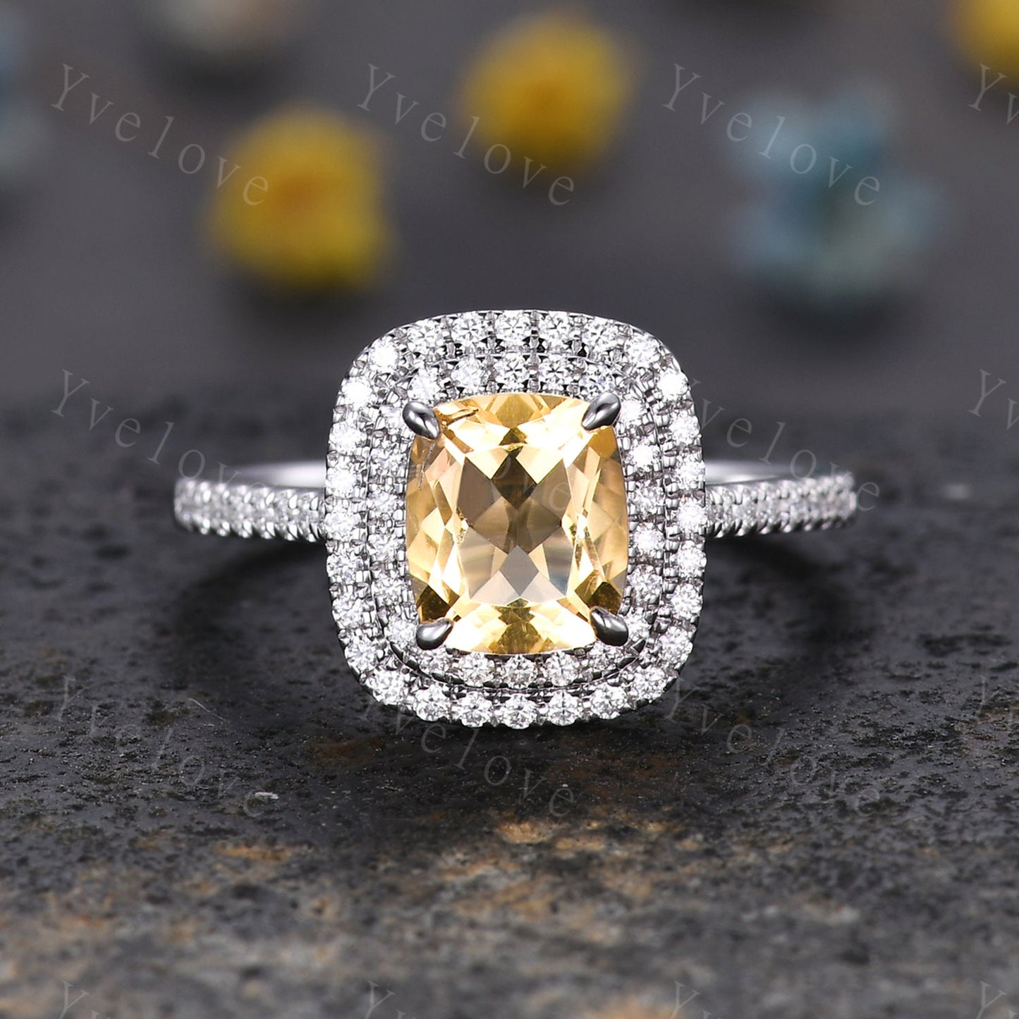 Doule halo Citrine engagement ring 14k white gold Emerald cut yellow citrine wedding ring diamond band November birthstone anniversary ring