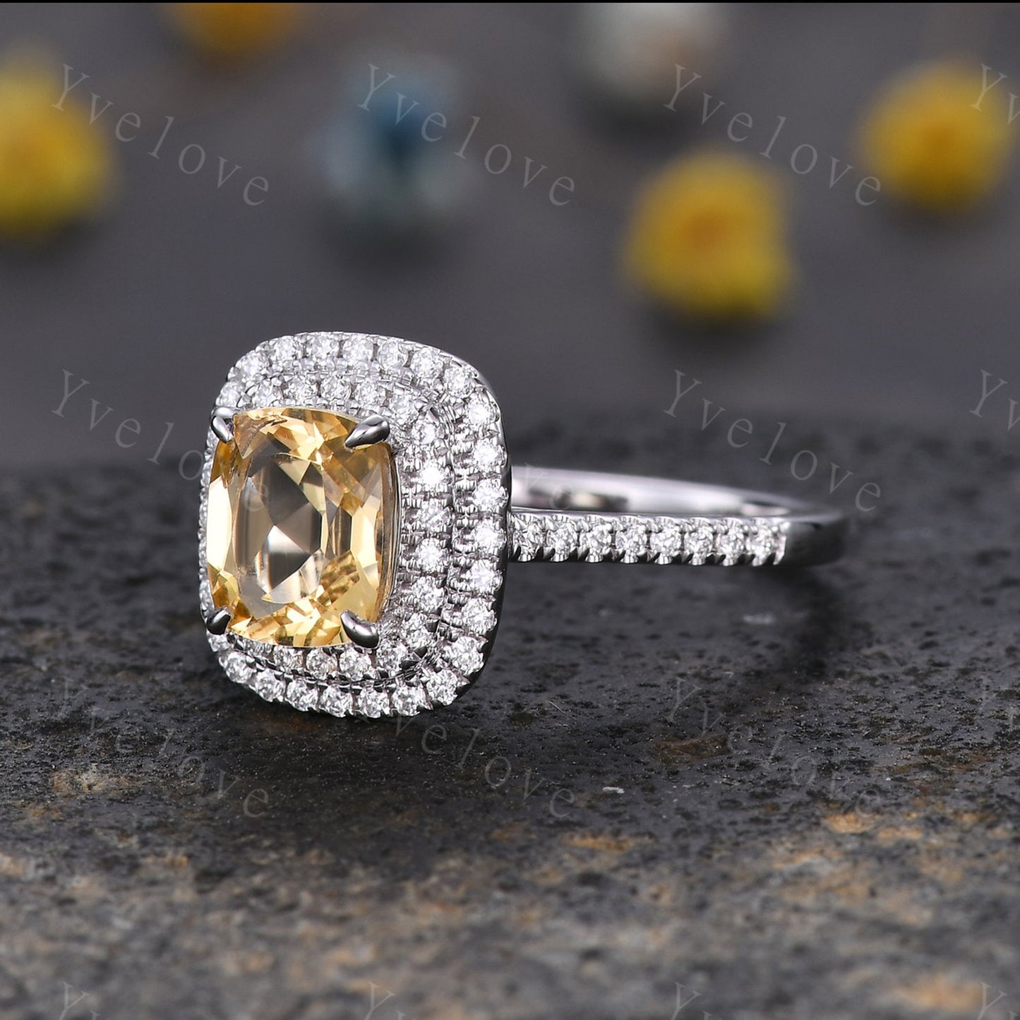 Doule halo Citrine engagement ring 14k white gold Emerald cut yellow citrine wedding ring diamond band November birthstone anniversary ring