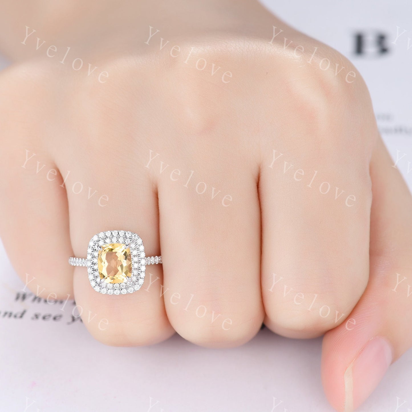 Doule halo Citrine engagement ring 14k white gold Emerald cut yellow citrine wedding ring diamond band November birthstone anniversary ring