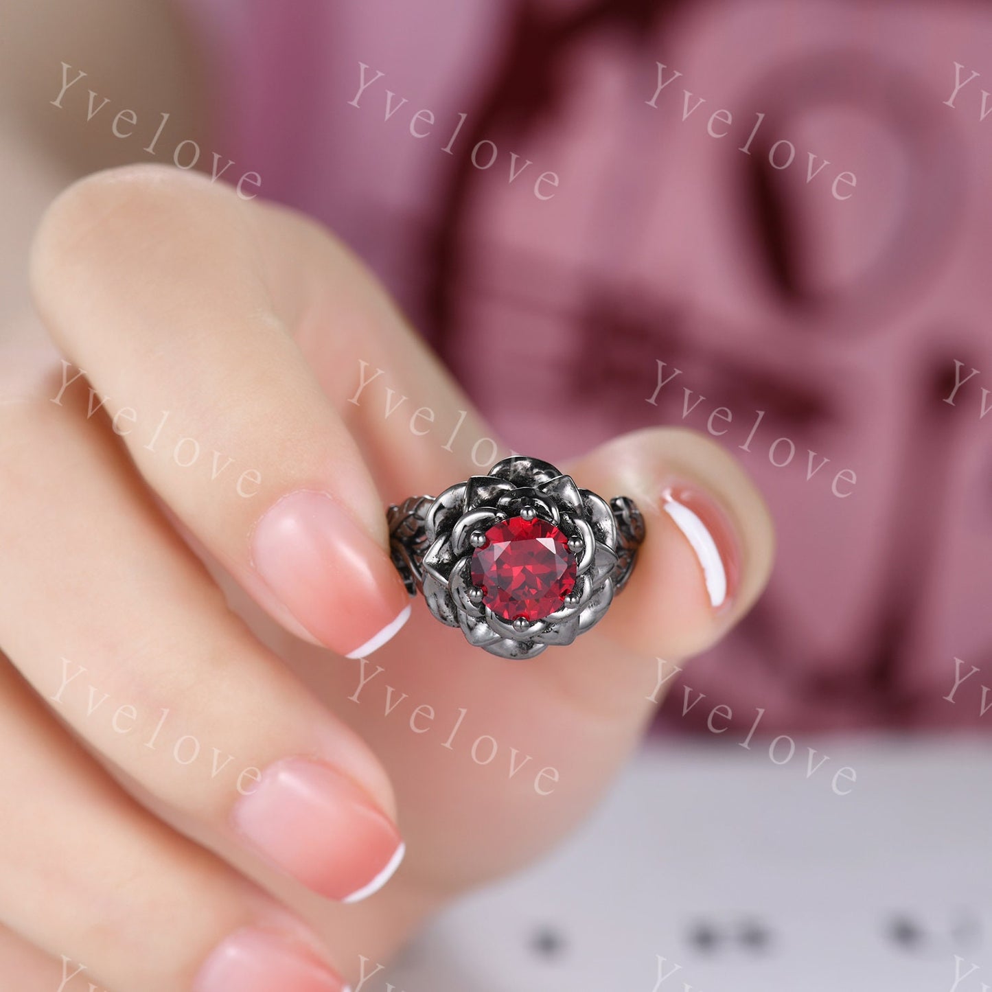 Red Ruby Rose Flower Engagement Ring 925 Black Silver Band Romantic Wedding Ring Promise Ring For Women Vintage Statement Ring Gothic Ring