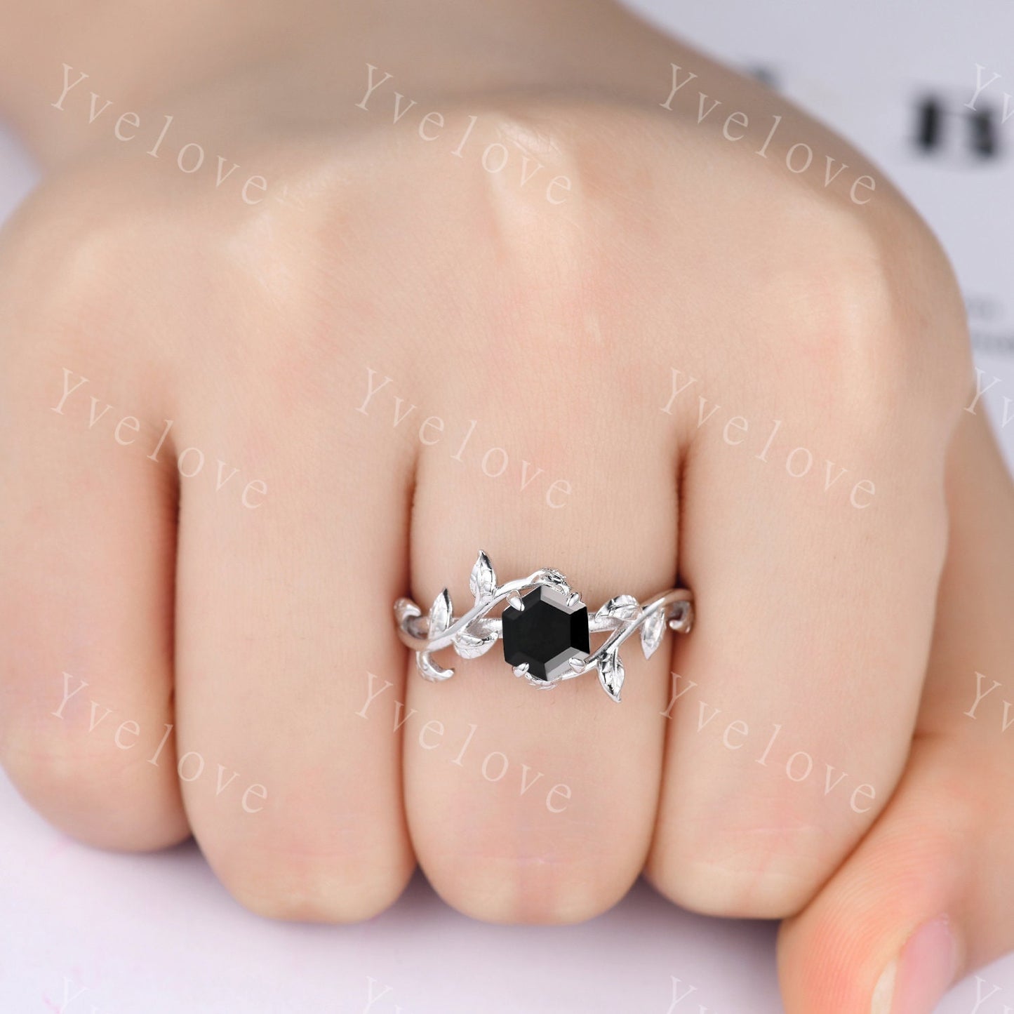 Hexagon Black Onyx Ring Set,Vintage Twig Vine Leaf Ring,Unique Black Onyx Engagement Ring,Alexandrite Ring,Promise Bridal Ring Gift,Silver