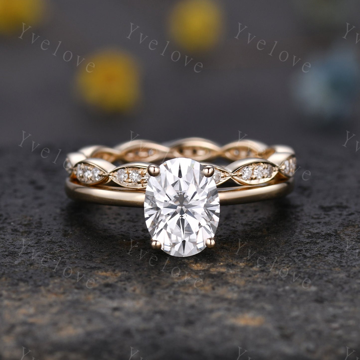 Wedding Ring Set Moissanite Engagement Ring 6x8mm Oval Cut Moissanite Ring Art Deco Diamond Wedding Band Solid 14K Yellow Gold