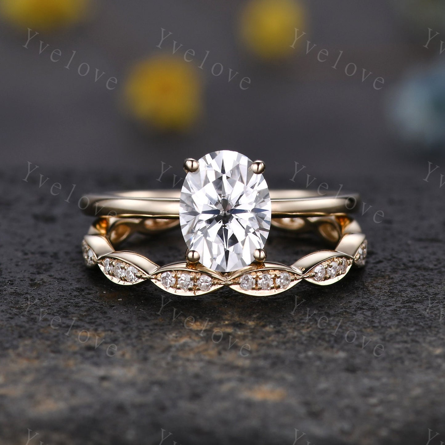 Wedding Ring Set Moissanite Engagement Ring 6x8mm Oval Cut Moissanite Ring Art Deco Diamond Wedding Band Solid 14K Yellow Gold