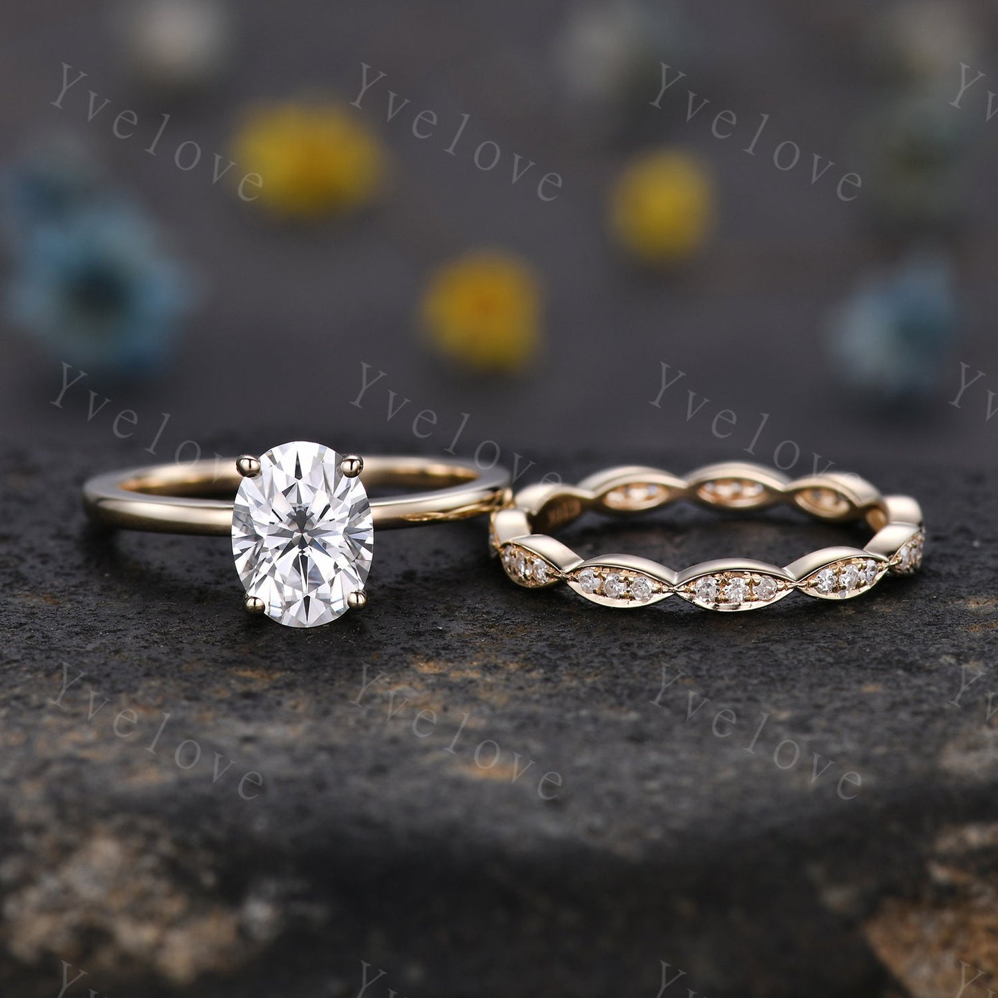 Wedding Ring Set Moissanite Engagement Ring 6x8mm Oval Cut Moissanite Ring Art Deco Diamond Wedding Band Solid 14K Yellow Gold