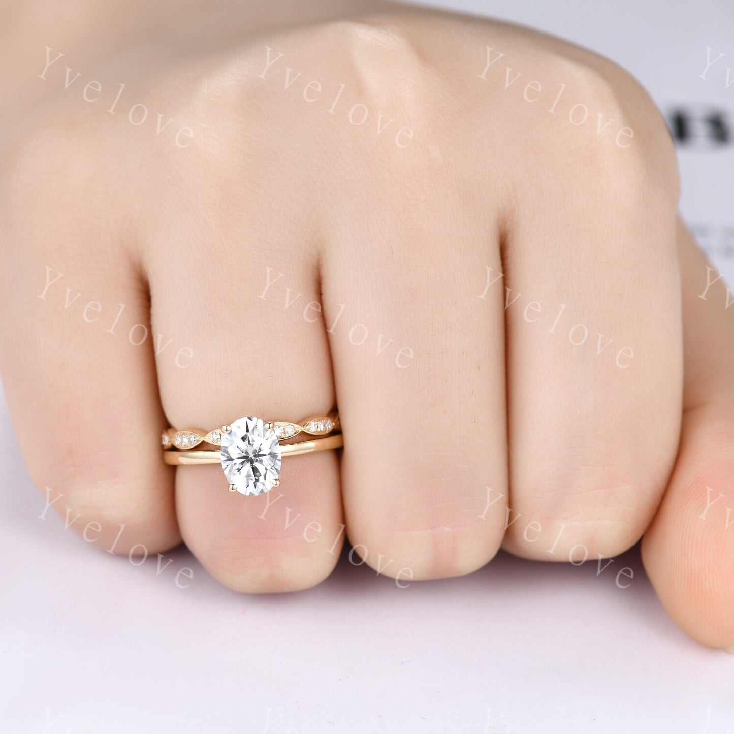 Wedding Ring Set Moissanite Engagement Ring 6x8mm Oval Cut Moissanite Ring Art Deco Diamond Wedding Band Solid 14K Yellow Gold