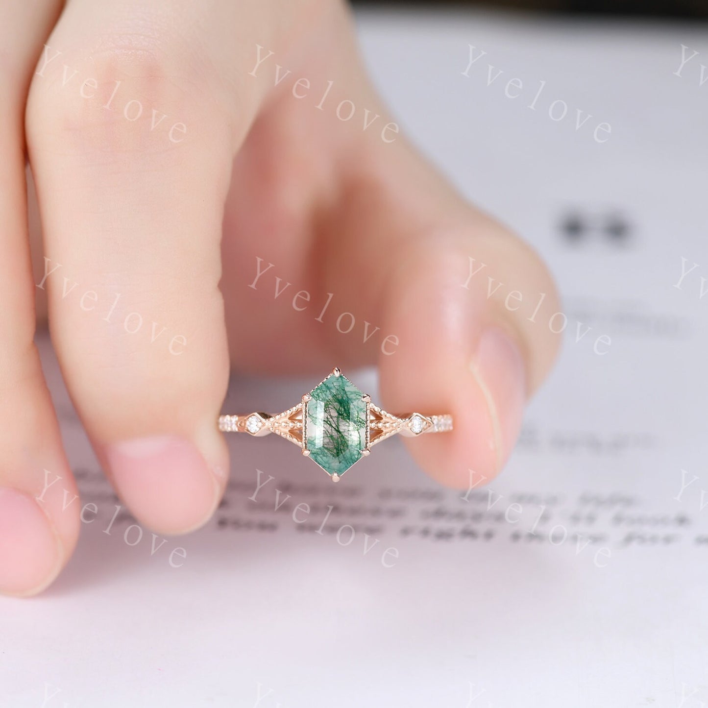 Vintage Moss agate engagement ring,hexagon moss agate ring set,Moissanite gold band,Moss agate fine jewelry,Promise ring set,14k rose gold
