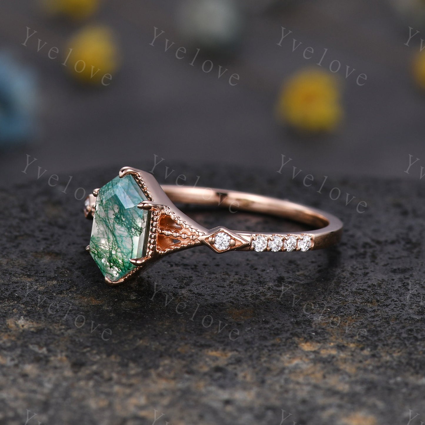 Vintage Long Hexagon Cut Moss Agate Ring Diamond Rose Gold Band Natural Green Moss Agate Jewelry Art Deco Promise Engagement Ring For Women
