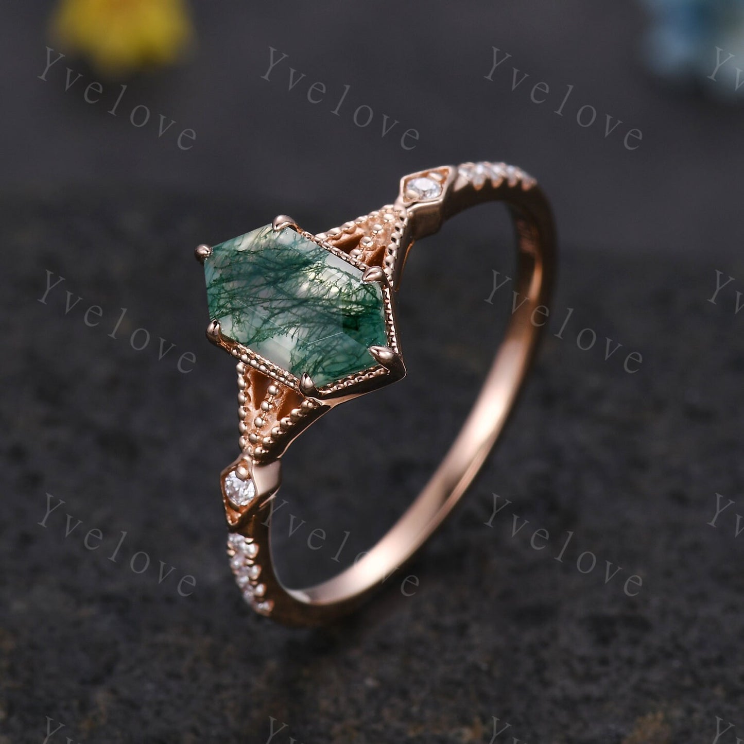 Vintage Long Hexagon Cut Moss Agate Ring Diamond Rose Gold Band Natural Green Moss Agate Jewelry Art Deco Promise Engagement Ring For Women