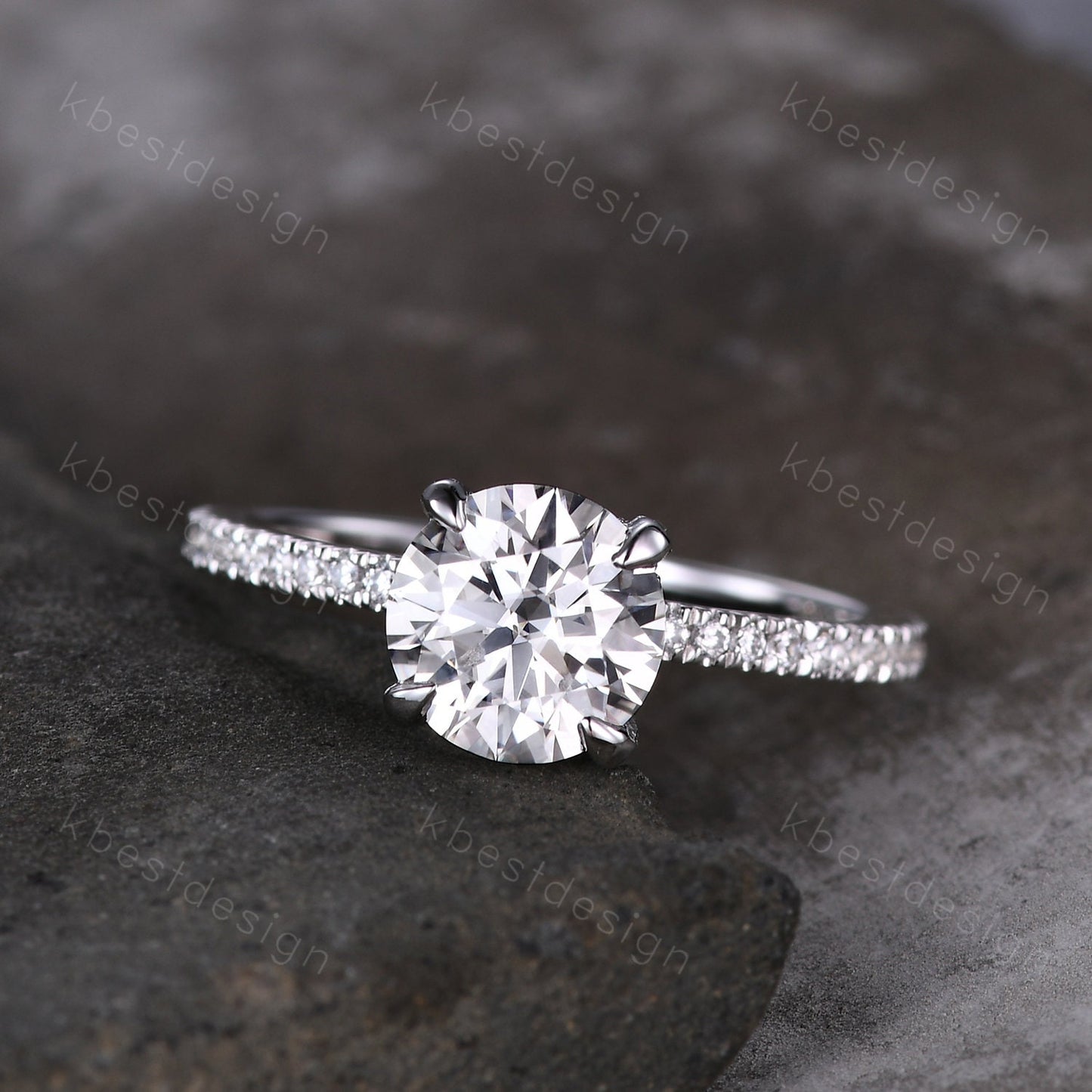 Round cut moissanite ring vintage moissanite engagement ring white gold unique hidden halo engagement ring promise wedding ring for women