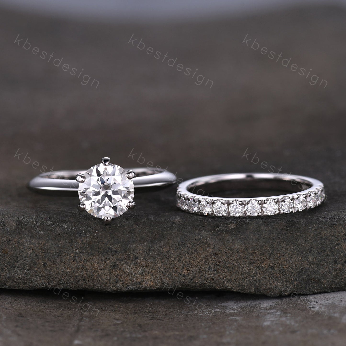 1.25CT Moissanite Engagement Ring Set 14K White Gold Round cut Moissanite Ring 2mm Half Eternity Stacking Matching Band Bridal Wedding Set