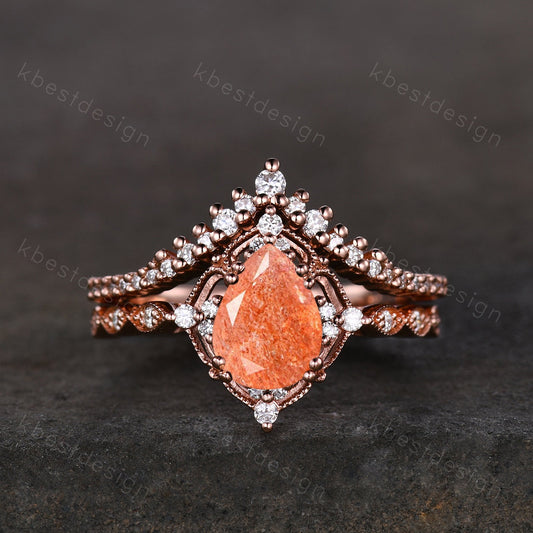 Vintage Sunstone engagement ring rose gold ring art deco curved stacking band pear cut bridal set unique moissanite wedding ring set