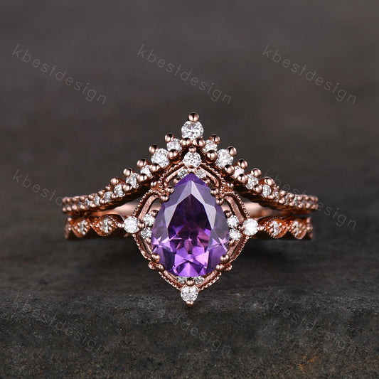14K Rose Gold Amethyst Engagement Ring Set Vintage Pear Amethyst Bridal Set Unique Curved Moissanite Wedding Ring Anniversary Promise Gift