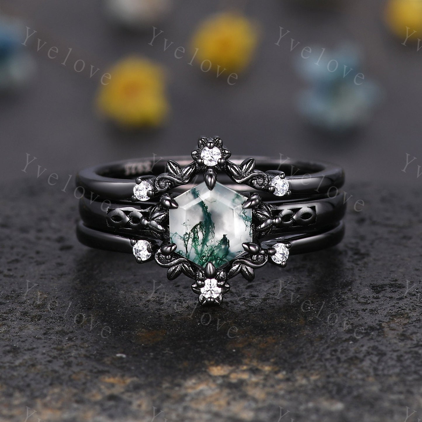 Hexagon Shaped Moss Agate Engagement Ring Set Silver Ring Vintage Moss Agate Wedding Ring Enhancer Band Art Deco Bridal  Ring Set For Women