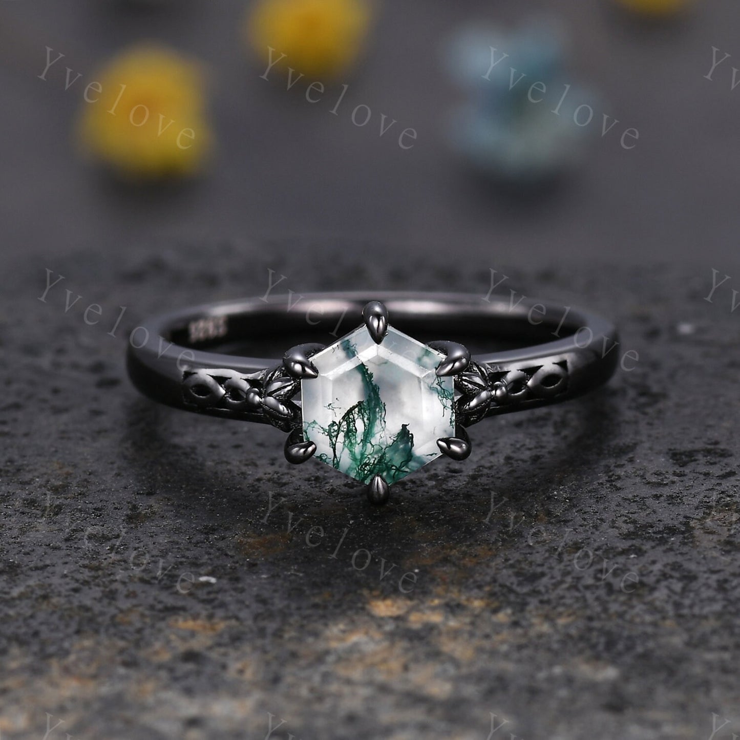 Hexagon Shaped Moss Agate Engagement Ring Set Silver Ring Vintage Moss Agate Wedding Ring Enhancer Band Art Deco Bridal  Ring Set For Women