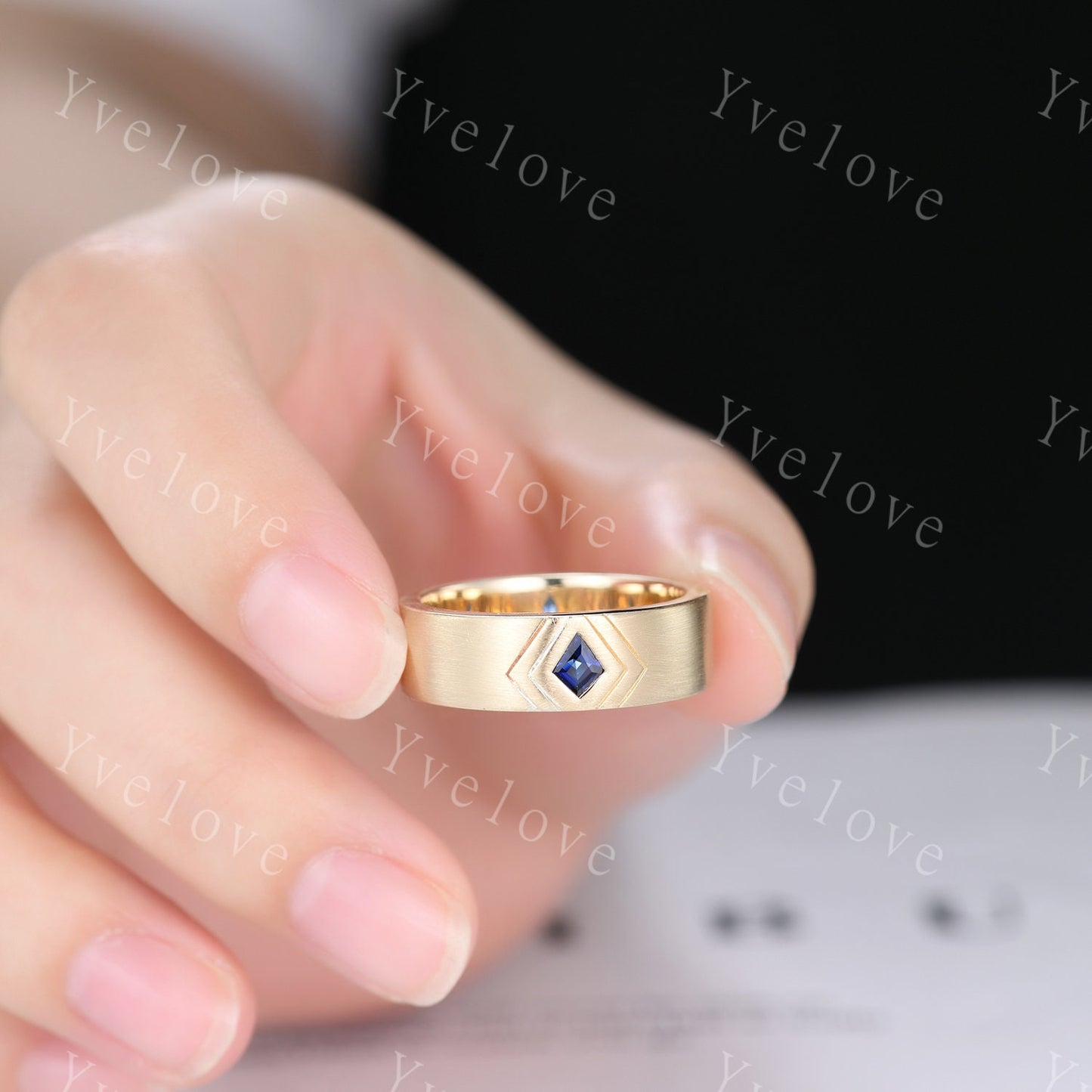 7mm Mens Kite Cut Blue Sapphire Wedding Band Sapphire Engagement Ring Brushed Finished Band Mens Stacking Band His Wedding band Platinum