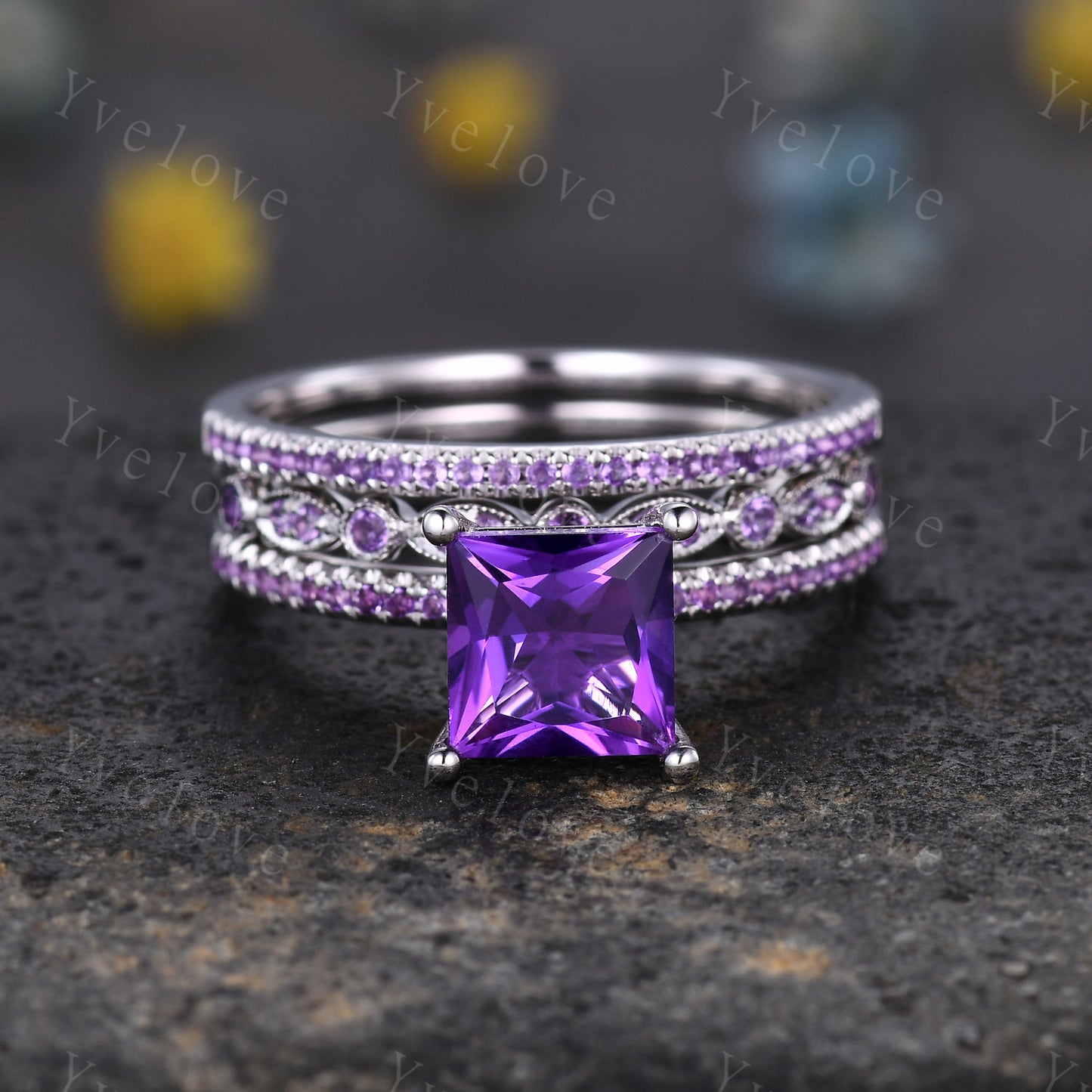 3 set Princess cut amethyst engagement ring set Amethyst ring set amethyst matching band silver promise ring set bridal set for women gift