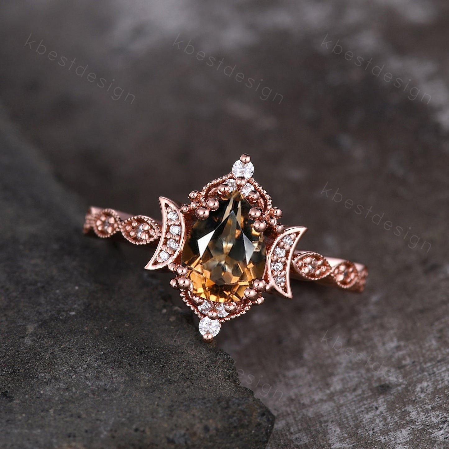 Vintage Smoky Quartz Engagement Ring Rose Gold Pear cut Brown Quartz Ring Unique Moon Goddess Ring Art Deco Moissanite Bridal Promise Ring