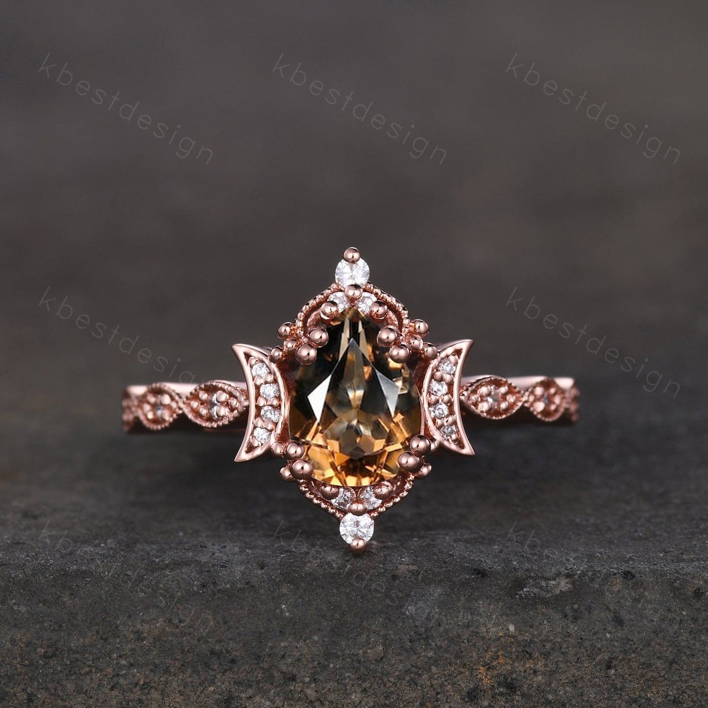 Vintage Smoky Quartz Engagement Ring Rose Gold Pear cut Brown Quartz Ring Unique Moon Goddess Ring Art Deco Moissanite Bridal Promise Ring
