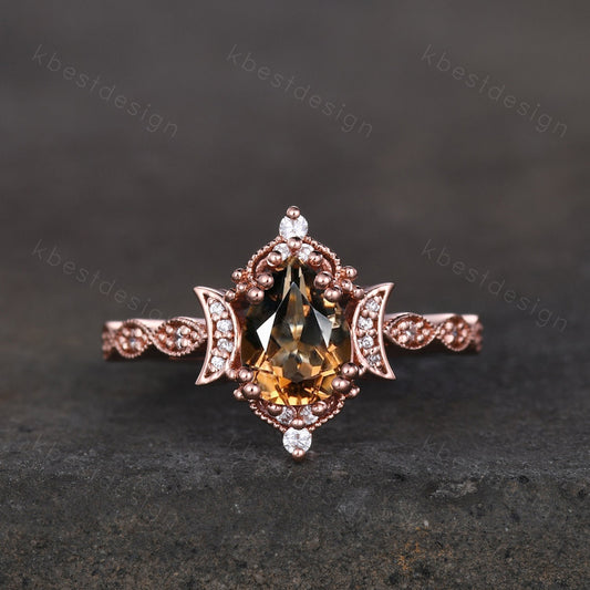 Vintage Smoky Quartz Engagement Ring Rose Gold Pear cut Brown Quartz Ring Unique Moon Goddess Ring Art Deco Moissanite Bridal Promise Ring
