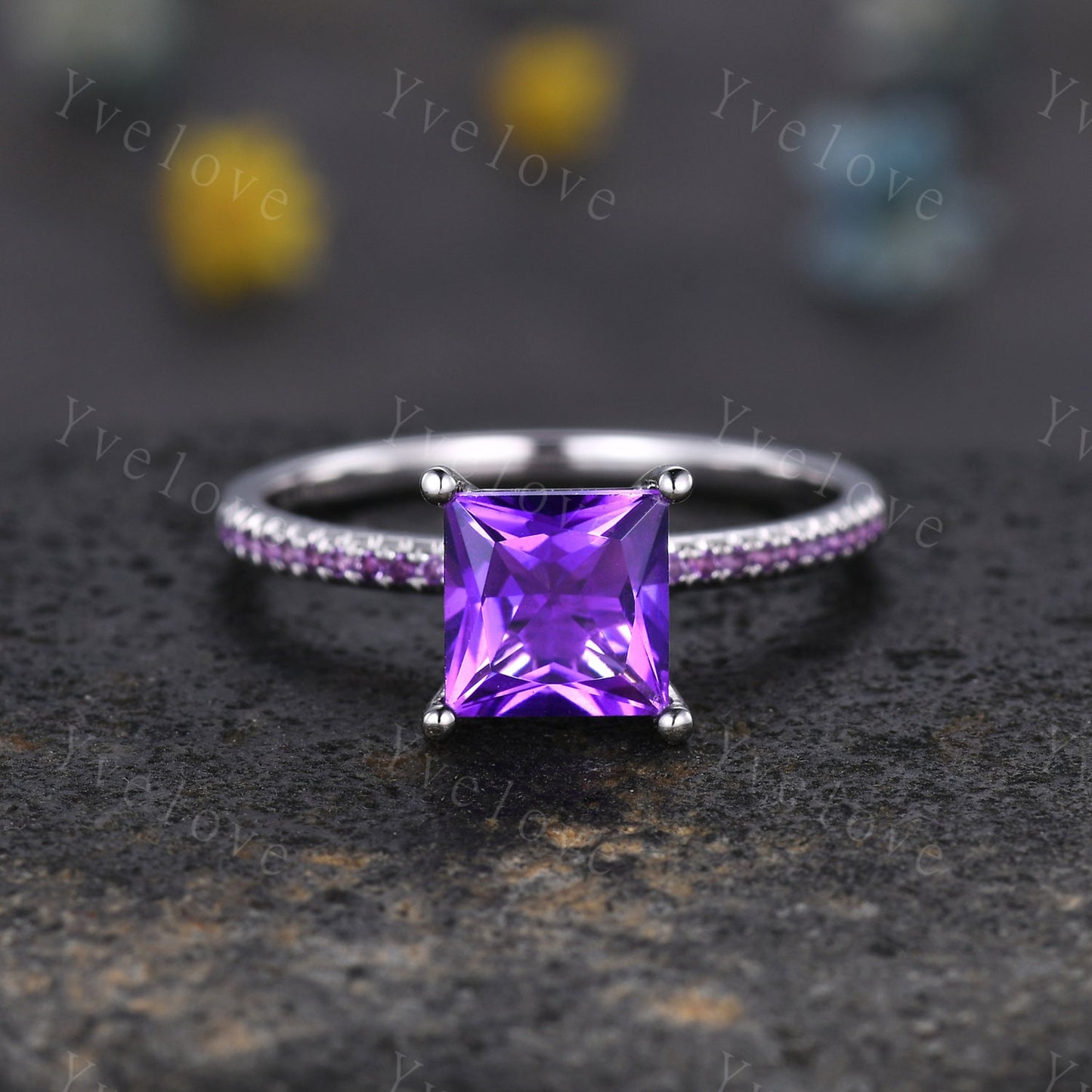 Art deco princess cut amethyst engagement ring hidden halo Amethyst ring amethyst wedding band February birthstone bridal jewelry gift