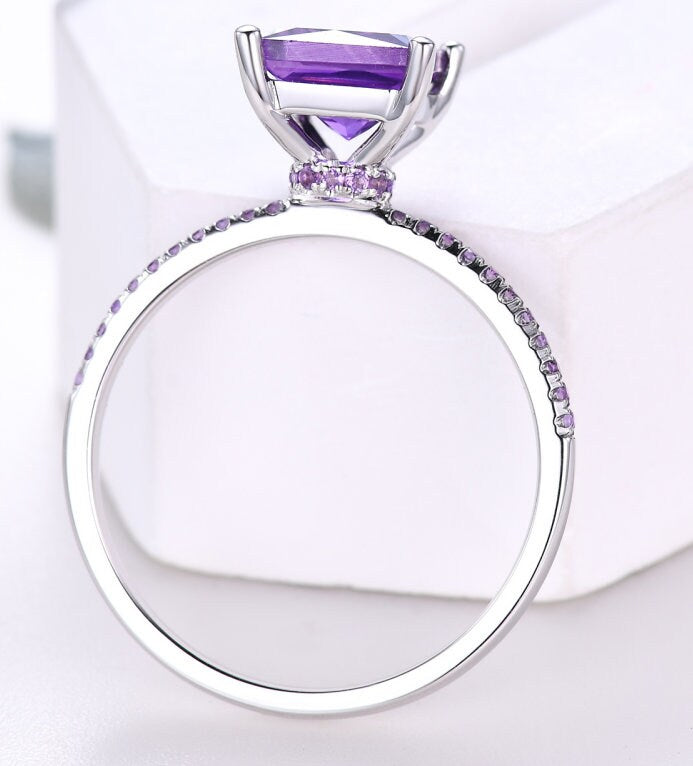 3 set Princess cut amethyst engagement ring set Amethyst ring set amethyst matching band silver promise ring set bridal set for women gift