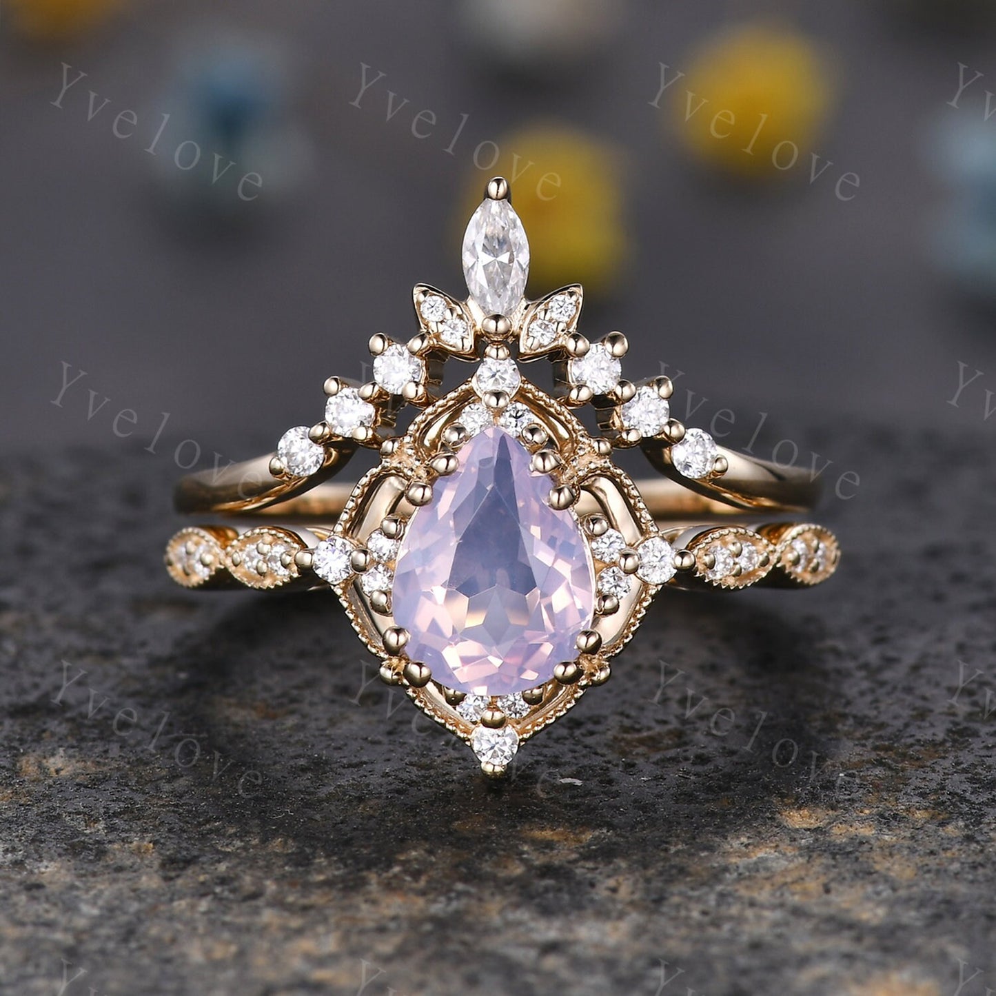 Vintage Lavender Amethyst Engagement Ring Set,6x8mm Pear Amethyst Bridal Set,V Curved Moissanite Stacking Band,Solid Gold,Women Rings Gift